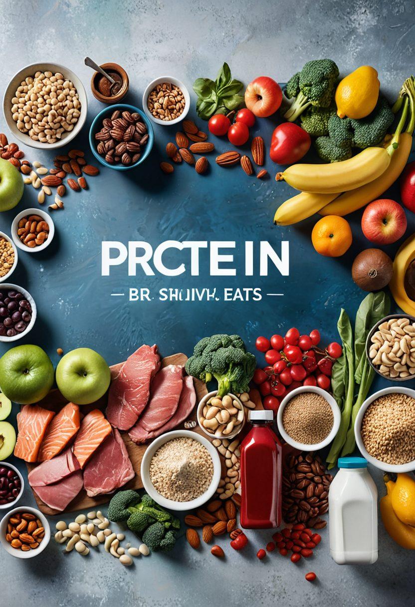 A dynamic composition featuring an array of protein sources like lean meats, nuts, and legumes, alongside vibrant supplement bottles emphasizing energy and vitality. The background is a sunlit kitchen setting to evoke a sense of health and wellness. Include a variety of colorful fruits and vegetables to represent a balanced diet, creating an inviting and informative atmosphere. super-realistic. vibrant colors. bright and clean background.