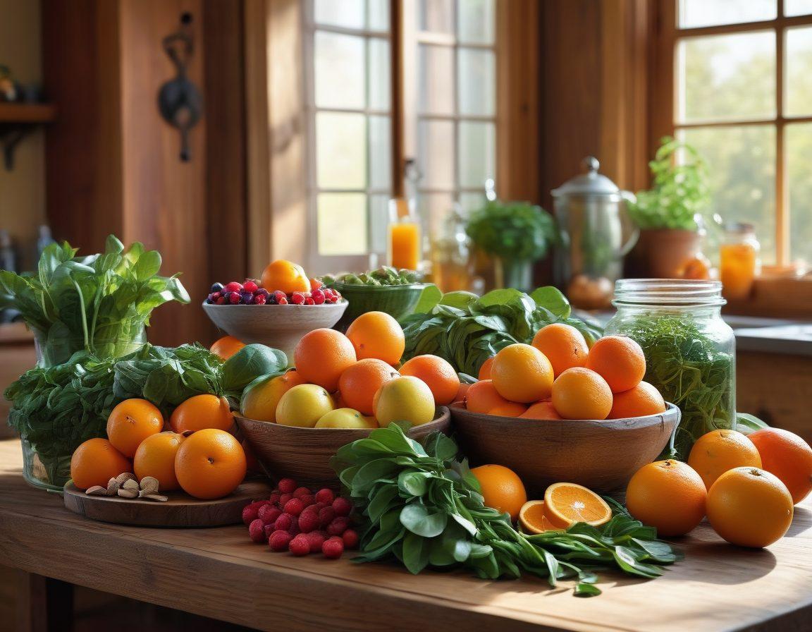 A vibrant assortment of fresh fruits and vegetables, including oranges, spinach, and berries, arranged artfully on a wooden table. In the background, a sunny kitchen filled with herbs and jars of nuts, creating a warm atmosphere. Overlay of molecular structures symbolizing nutrients, emphasizing the science behind immunity. The scene conveys a sense of health and vitality. super-realistic. vibrant colors. cozy kitchen setting.
